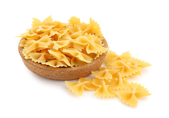 Plate of raw farfalle pasta isolated on white background