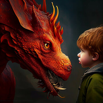 Roter Drache mit kleinem rothaarigen Jungen