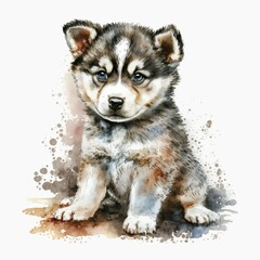 Watercolor Cute Puppy Dog Husky