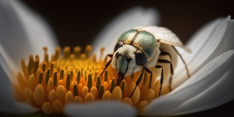 an insect captured in close up on a white flower petal in macro photography. Generative AI