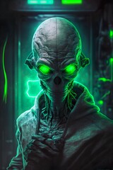 The Grey zombie alien with green neon eyes.