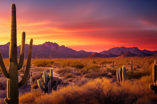 Saguaro cactus at sunset in Arizona. Generative AI © Roman