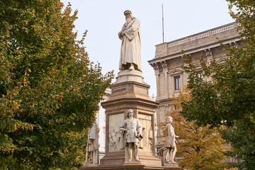 Monument to Leonardo da Vinci built by Pietro Magni in 1872 in Milan, Italy on Piazza della Scala....