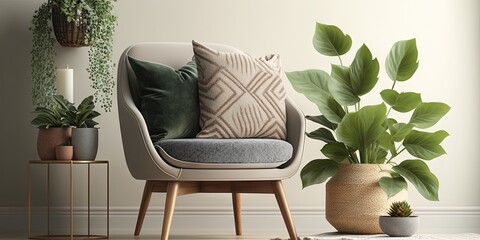 Stylish armchair with pillows, table and houseplants near light wall in room. Generative AI