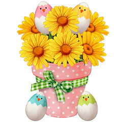 Watercolor flower pot full od yellow daisies and decorated eggs