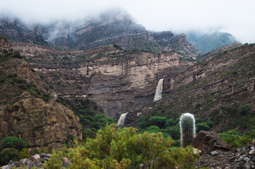 Fototapeta na wymiar cascadas de agua de deshielo en montañas rocasas con vegetacion y cactus