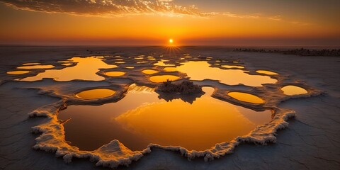 Ethiopia's Danakil Depression salt flats at sunset reflect the setting sun. Generative AI