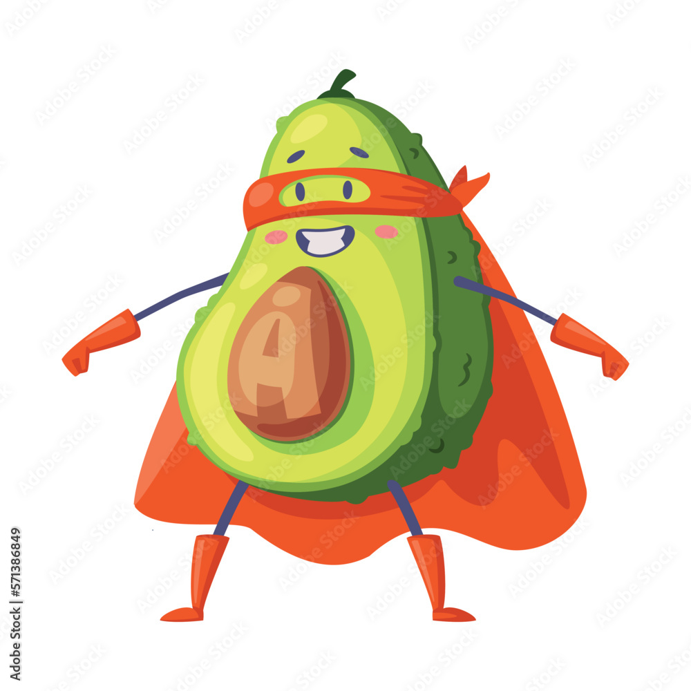 Sticker Green Avocado Superhero Character Standing Wearing Red Cloak or Cape and Mask as Justice Fighter Vector Illustration