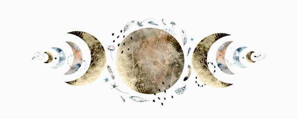 Vector abstract watercolor illustration of a composition of full moons and crescents surrounded by stars, feathers and plants in a boho style. For posters, prints and other decorations. © Mary