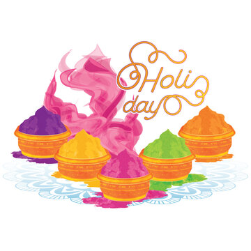 Group of traditional artisan vase with colored powders Holi Festival Vector illustration