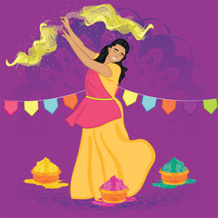Isolated female character playing with colored powders Holi Festival Vector illustration