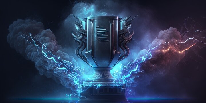 Cyberpunk trophy with smoke on a dark blue futuristic background for an illustration of an e sport champion concept,. Generative AI
