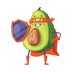 Green Avocado Superhero Character Standing with Shield Wearing Red Cloak or Cape and Mask as Justice Fighter Vector Illustration