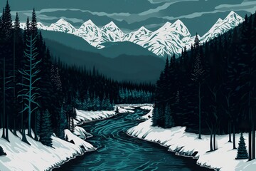 Winter landscape flat illustration created with Generative AI technology