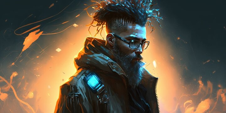 From a smoke filled portal, a cyberpunk man from the future appears. a futuristic high tech dude. the ideas of cyberpunk and virtual reality. Perfect for posters or phone wallpaper. Generative AI