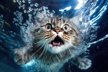 Fun cat underwater, with lots of bubbles. ia generate