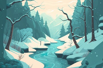 Winter landscape flat illustration created with Generative AI technology