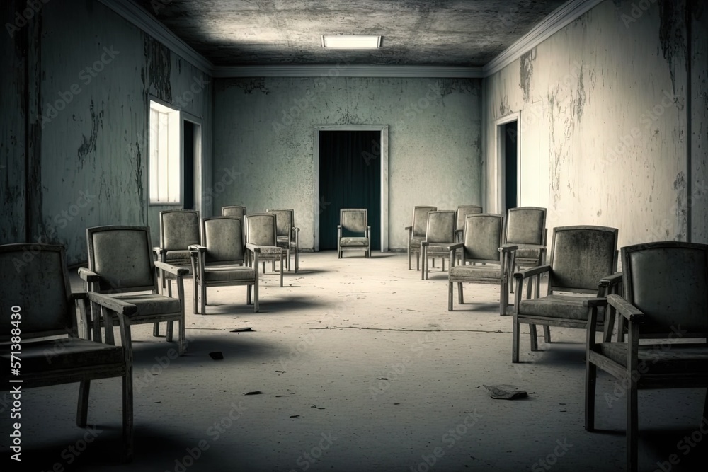 Poster empty room with many armchairs from front. generative ai
