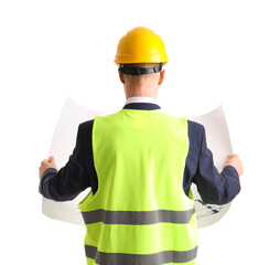 Male architect with drawing on white background, back view