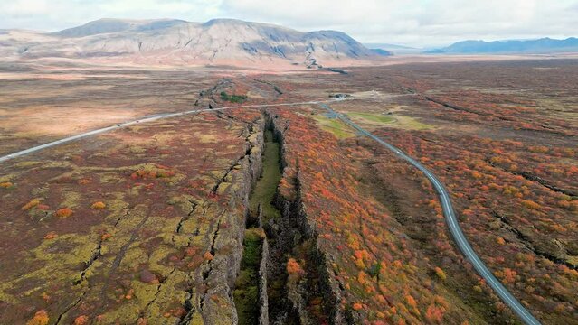 Drone flying over Thingvellir National Park, Iceland