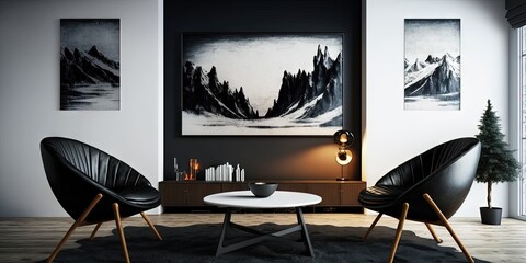 Black armchairs with coffee table in interior of modern living room. Generative AI