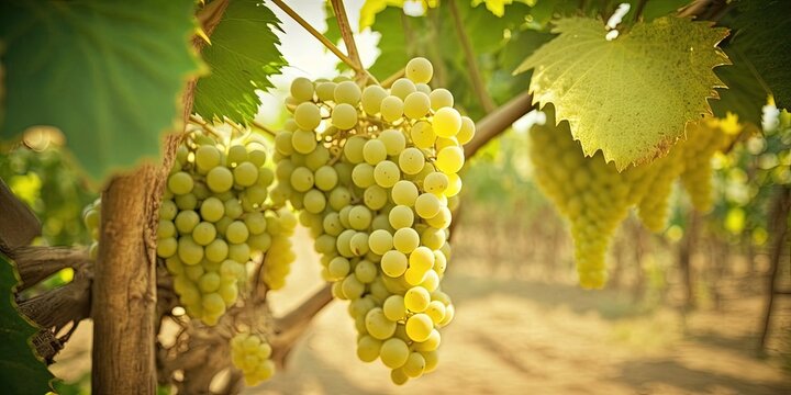 White wine grapes in vineyard on day time. Bunches of white wine green grapes on vine vineyard fruit farm organic at suanphung, ratchaburi thailand. Generative AI