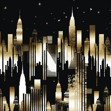 Vector New York City seamless pattern, illuminated buildings in united states on dark background