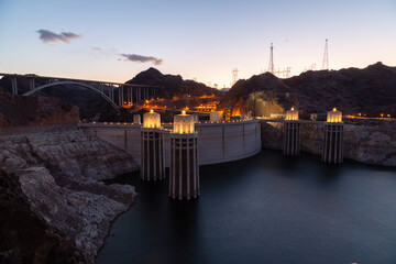 Hoover dam at sunset. Hoover dam and Lake Mead