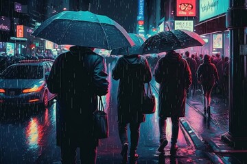 People walking in the city at night while raining. AI Generative Illustrations