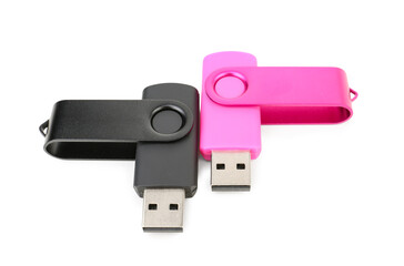 Different USB flash drives on white background