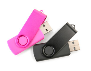 Different USB flash drives on white background