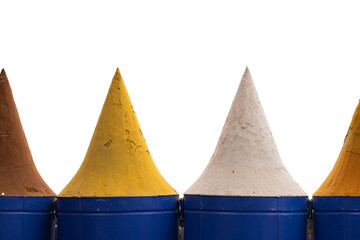 Moroccan colorful spices cones in the Marrakech souk on a transparent background