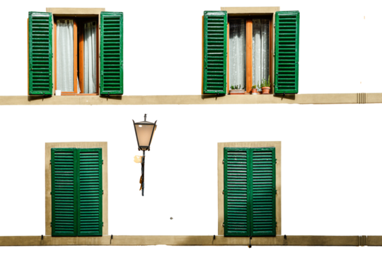 Four green shutters open and closed on a white facade isolated on white transparent background