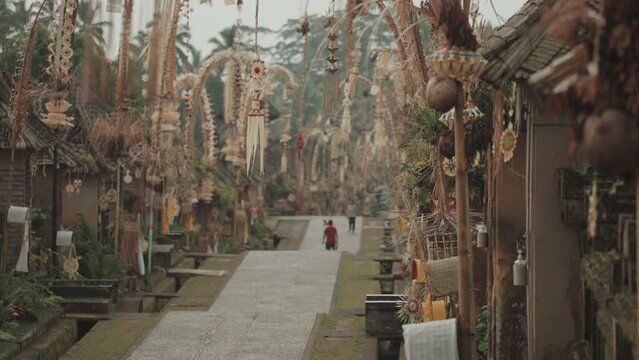 Bali, Indonesia - Penglipuran Traditional Balinese Village Temple Decorated with Penjor for Galungan Kuningan