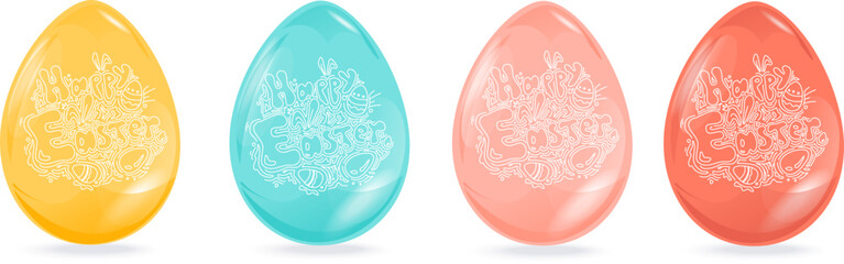 Set of realistic Easter eggs with greeting text in doodle style. Happy Easter hand drawn isolated on white background. Vector set