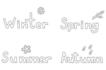 Linear lettering of the seasons. Winter, spring, summer, autumn for coloring books, diaries, backgrounds.