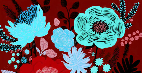 Green and red flowers background for art banner concept