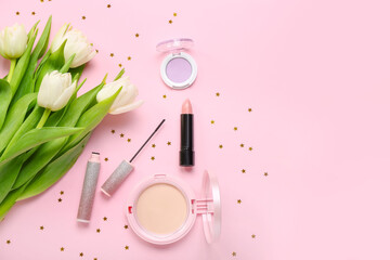Composition with beautiful tulip flowers and decorative cosmetics on pink background