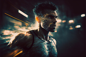 Male Runner with bokeh effect of city street. Generative ai