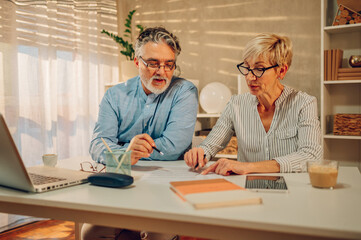Senior couple checking their finances while sitting at the table at home