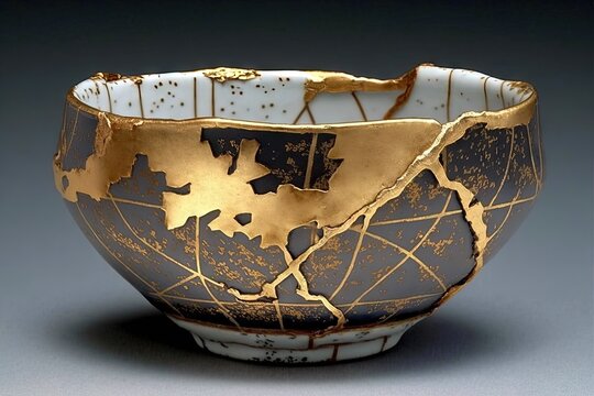 Kintsugi bowl. Gold cracks restoration on old Japanese pottery