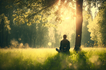 Relax and unwind in nature with a peaceful meadow scene. A person sits on a blanket, surrounded by tall trees, feeling content and at peace. Generative AI
