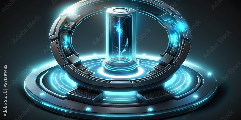 Poster teleport podium in a circle. hologram and portal technology futuristic setting. digital high tech sc