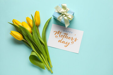 Card with text HAPPY MOTHER'S DAY, gift and tulips on mint background