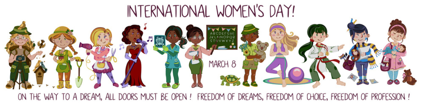 professional women for International Women's Day March 8. 10 beautiful, brave, smart and determined girls, each free and happy doing what they love