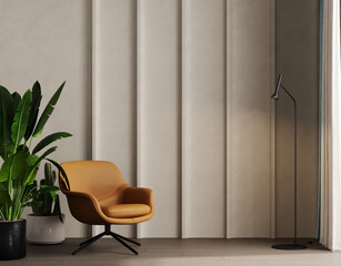 Beige contemporary minimalist interior with leather brown armchair, blank decorative wall, 3d render illustration mockup