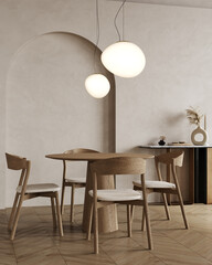 Interior design of modern dining room or living room, wooden table and chairs. Wooden sideboard over beige wall. Home interior with arch wall. 3d rendering © Liliia
