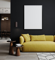 Big poster frame mockup in stylish black living room with yellow sofa, 3d rendering
