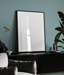 mock up poster frame in modern blue light interior background, living room, Scandinavian style, 3D render, 3D illustration