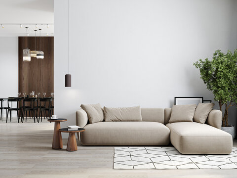 Minimalist modern living room interior background, living room mock up in scandinavian style, empty wall mockup, 3d rendering
